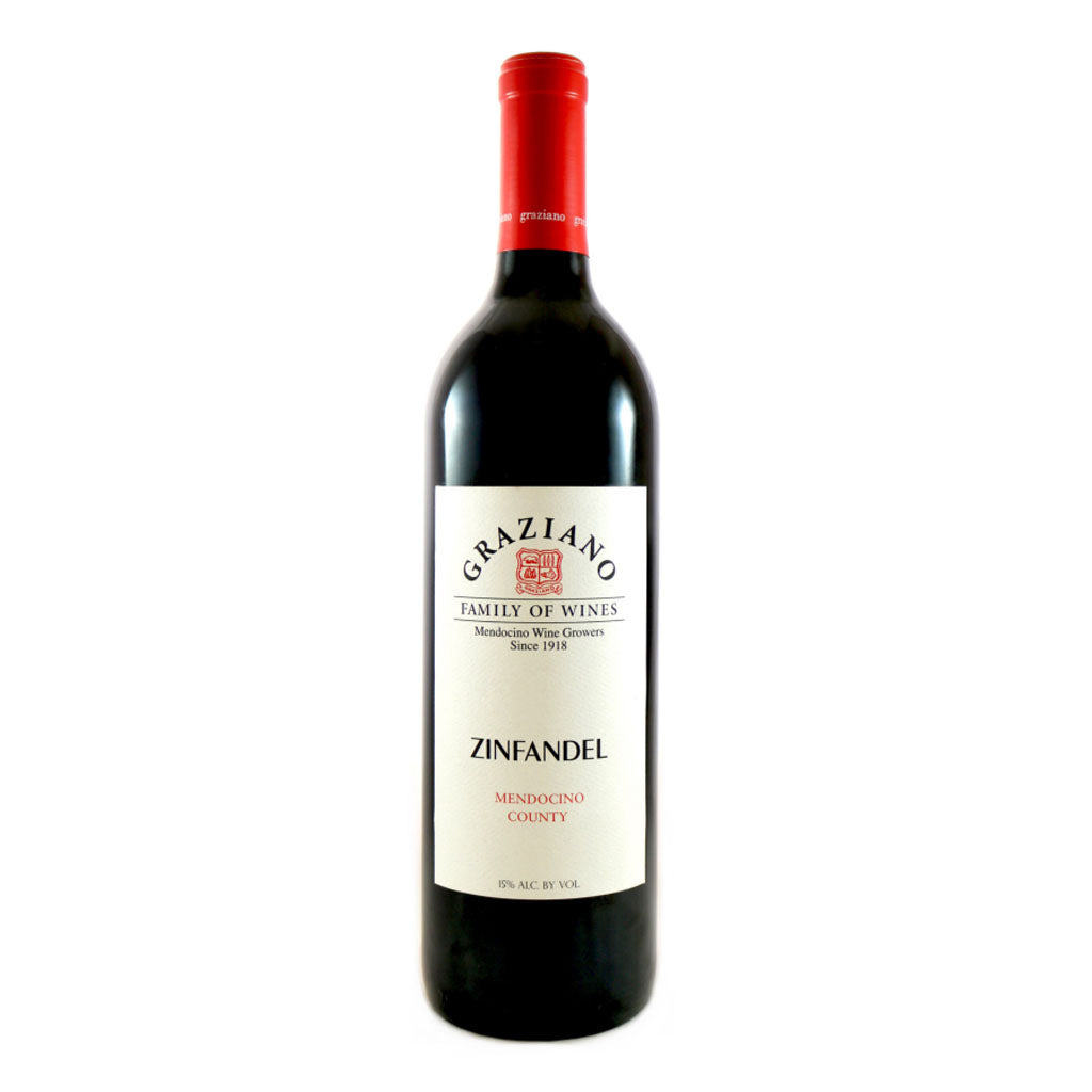 Bottle of Graziano Zinfandel wine, like that available from Renard Creek in northern California.