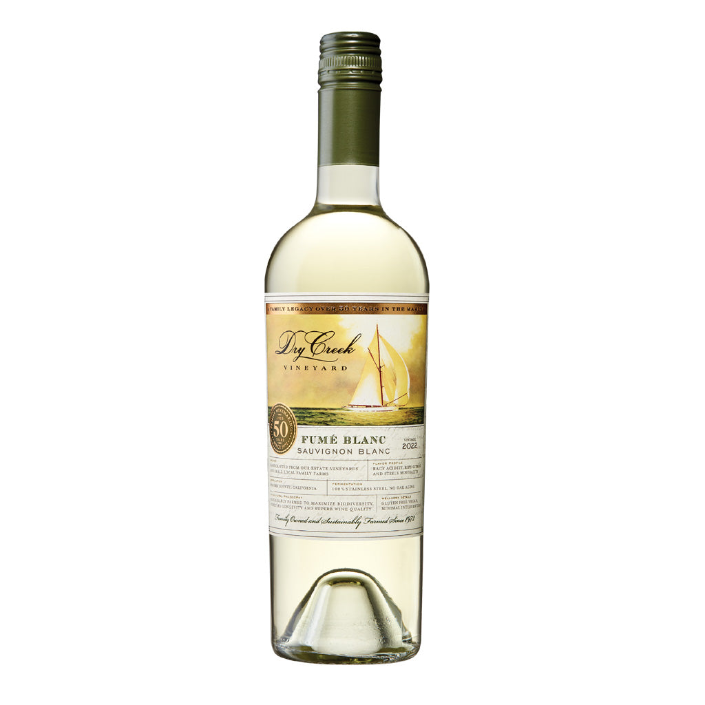 Bottle of 2022 Dry Creek Fume Blanc wine, from Northern California.