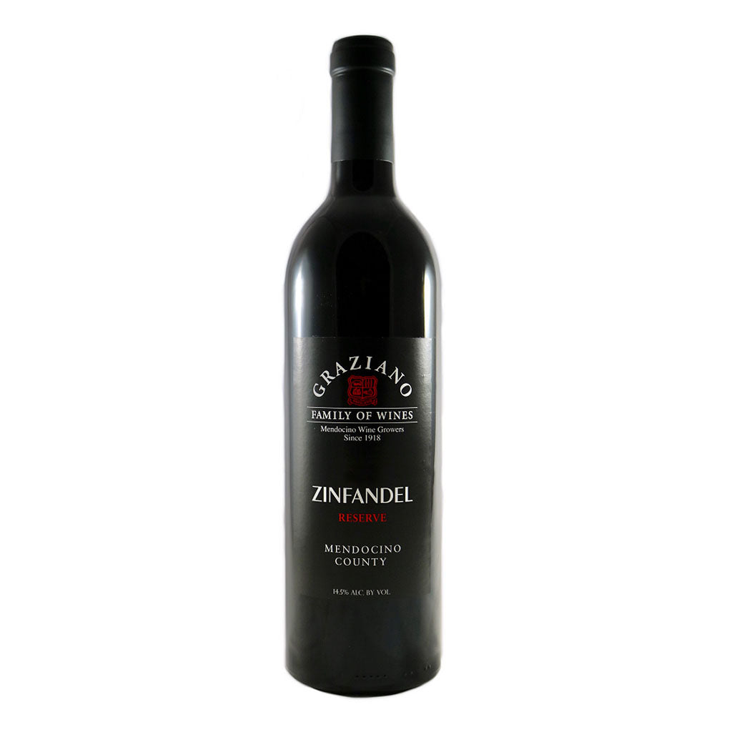 Bottle of Graziano Zinfandel reserve wine, available from Renard Creek in northern California.