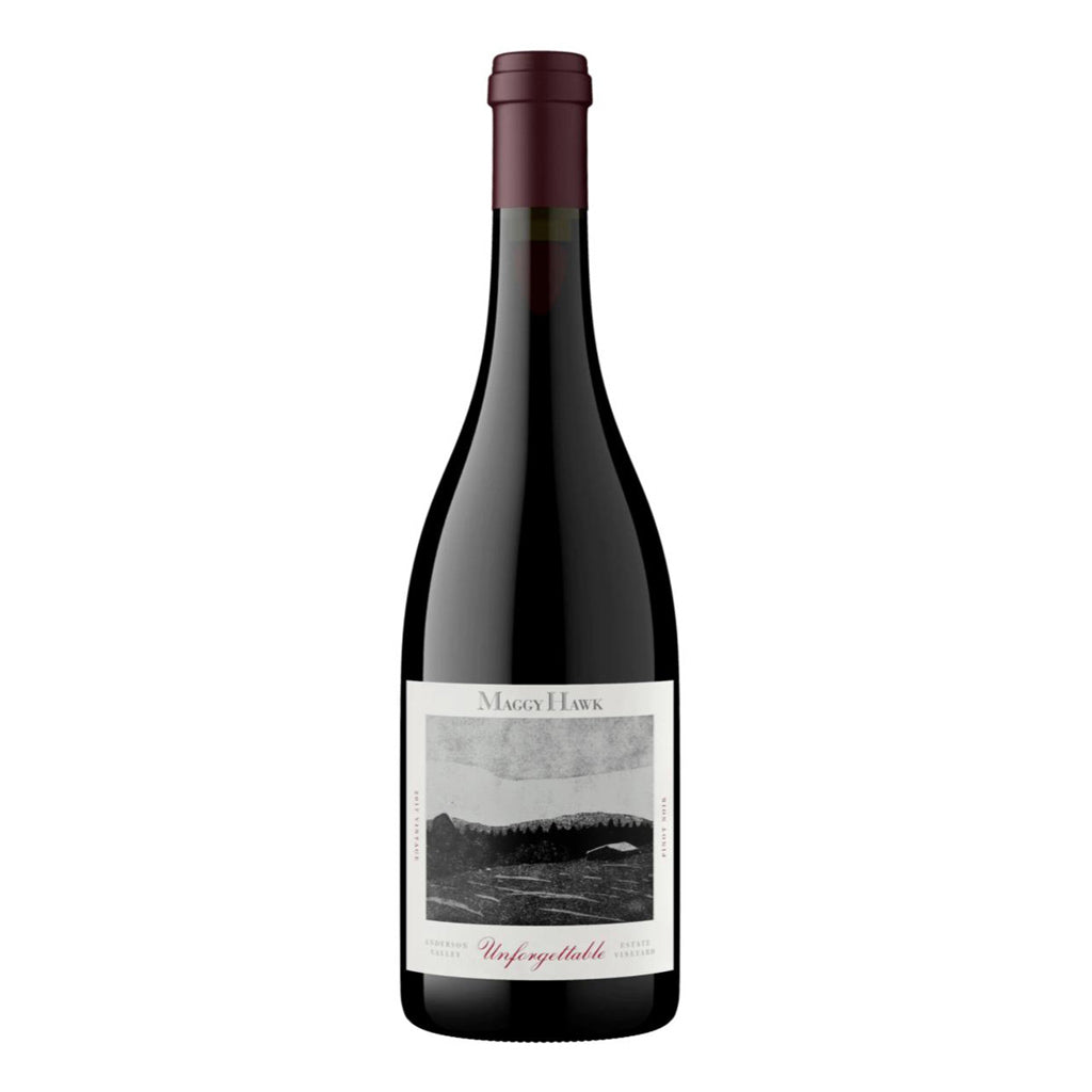 Bottle of Maggie Hawk Winery Unforgettable Pinot noir wine, available from Renard Creek in Northern California.