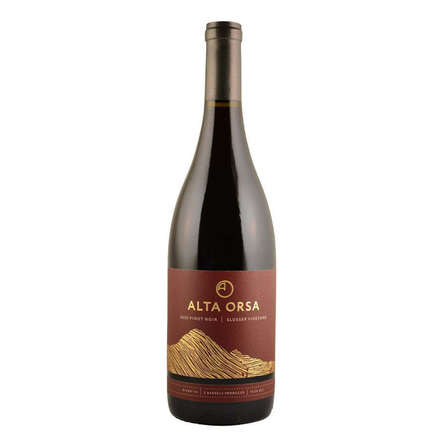 Bottle of 2023 Alta Orsa Slusser Vineyard Pinot Noir wine.