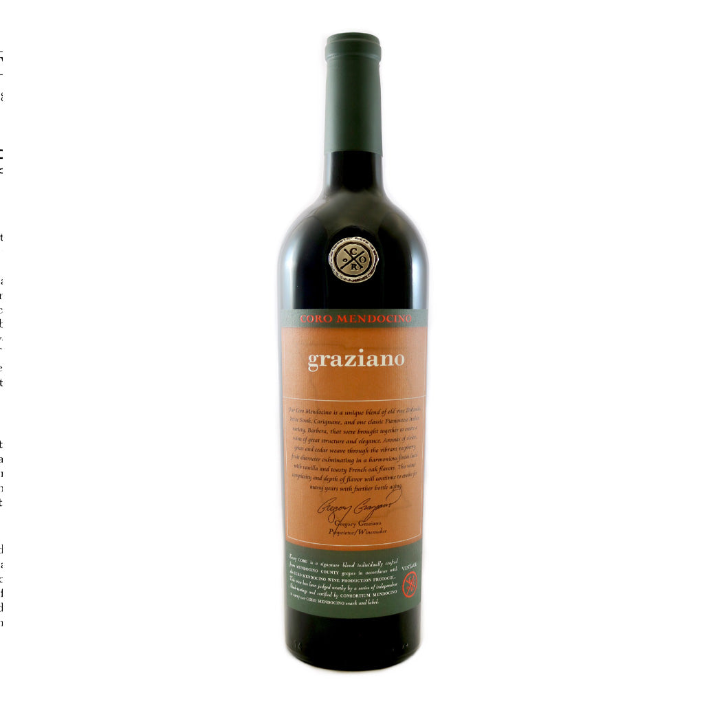 Bottle of 2020 Graziano Coro red wine, cultured in Northern California.