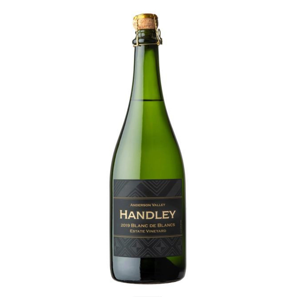 Bottle of 2019 Handley Blanc de Blancs sparkling artisan wine, from Northern California.
