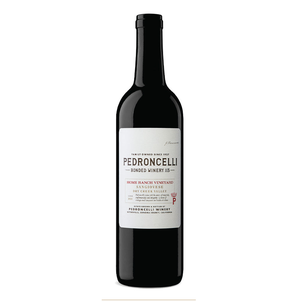 Bottle of 2021 Pedroncelli Sangiovese wine, from Northern California.